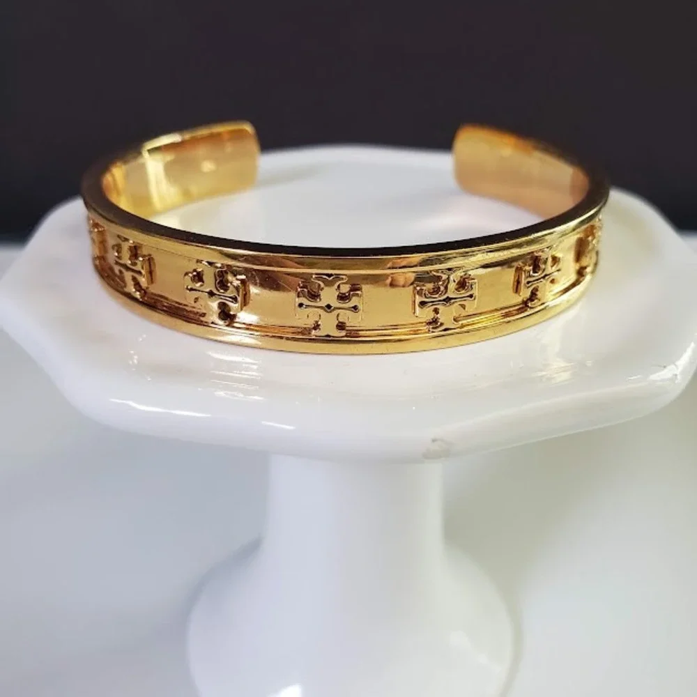 TORY BURCH Raised Logo Cuff Bracelet Gold Tone Double T Designer Classic